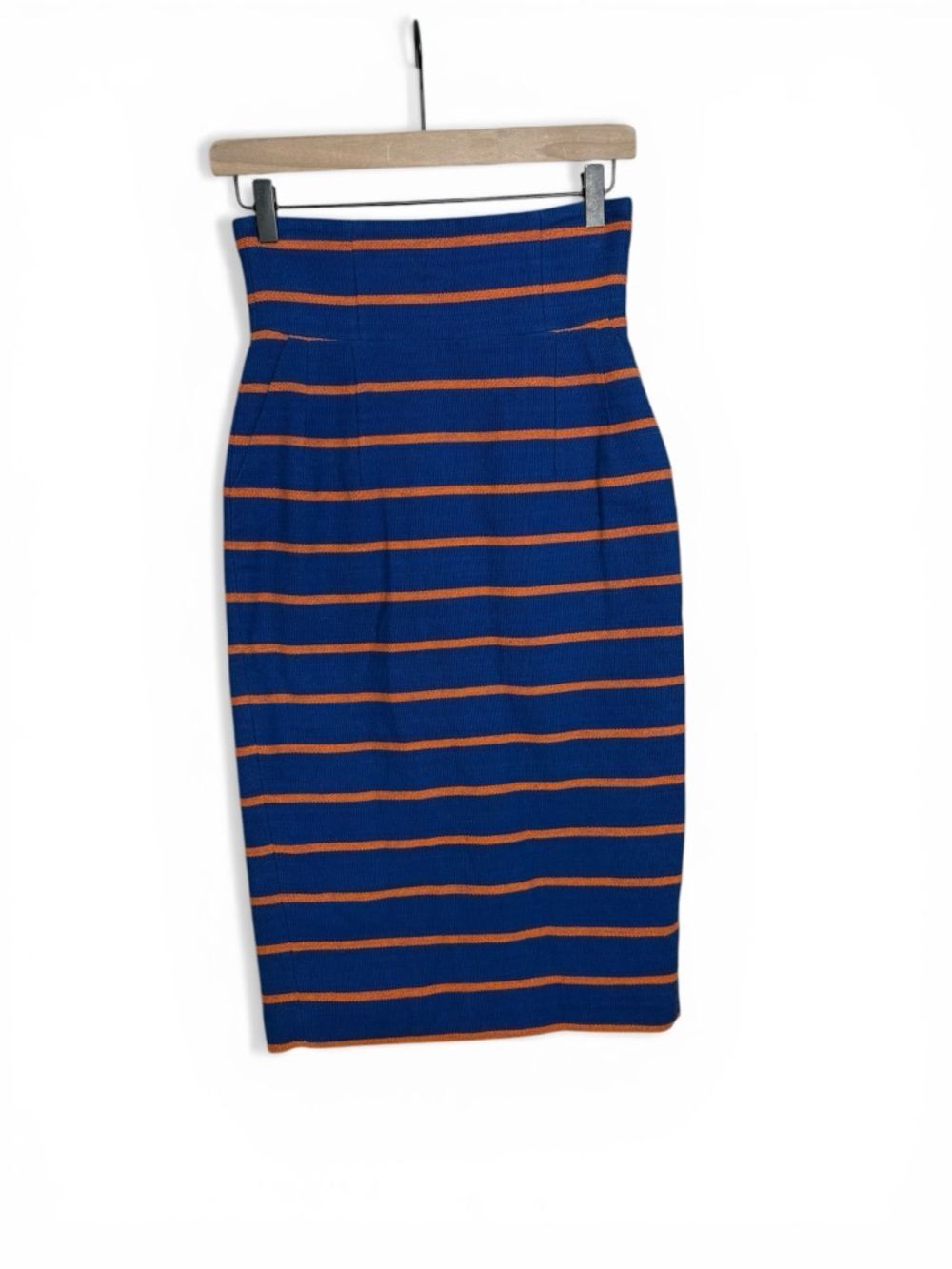 STELLA JEAN Gorgeous Fitted Pencil Skirt in Blue Orange Striped Size 38 XS US